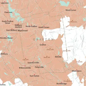 Massachusetts County Map Prints: MA Worcester Grafton Vector Road Map