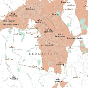 Massachusetts County Map Prints: MA Worcester Leominster Vector Road Map