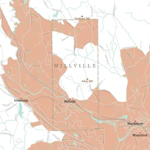 Digital Cartography Design Prints: MA Worcester Millville Vector Road Map