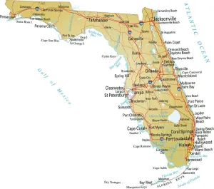 Prints of Vector illustratio of map of Florida with major roads, rivers and lakes Mammal Prints: Florida Vector Map Print with Major Roads, Rivers and Lakes