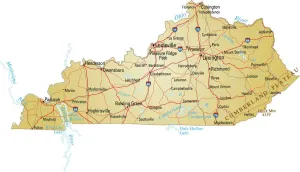 Prints of vector illustration of map of kentucky with major roads, rivers and lakes Images Dated 2018 May: Kentucky Reference Map Print - Major Roads, Rivers & Lakes