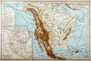Prints of Illustration of a River and mountains map of North America USA Map Prints: North America River and Mountains Print