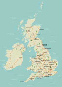 Prints of A simple UK map with roads and major towns and cities named. There is a very slight grunge texture on sea and land, this is on separate layers and are easy to remove. 11 layers in all Related Prints: UK Map Print with Grunge Texture and Layered Reference