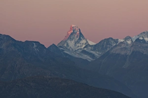 The Matterhorn, 4478m, at sunrise, seen from Moosfluh, Canton of Valais, Switzerland The Matterhorn, 4478m, at sunrise, seen from Moosfluh, Canton of Valais, Switzerland
