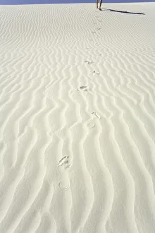 Mature man leaving footprints on white gypsum sand dune, low section Mature man leaving footprints on white gypsum sand dune, low section