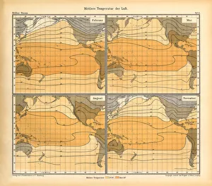 Mean Temperature of the Air Chart, Pacific Ocean, German Antique Victorian Engraving, 1896 Mean Temperature of the Air Chart, Pacific Ocean, German Antique Victorian Engraving, 1896