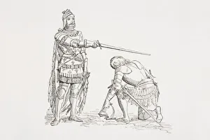 Medieval dubbing ceremony with two knights, one standing Medieval dubbing ceremony with two knights, one standing