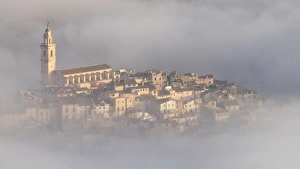 Medieval people surrounded with fog to the dawn Medieval people surrounded with fog to the dawn