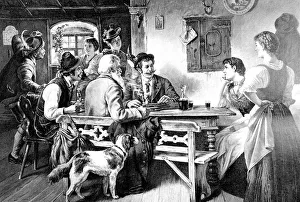 Men and women chat at the regulars table in a restaurant Men and women chat at the regulars table in a restaurant