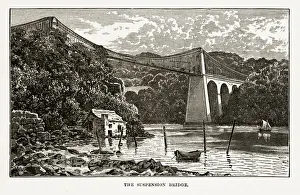 Menai Suspension Bridge in Anglesey, Wales Victorian Engraving, 1840 Menai Suspension Bridge in Anglesey, Wales Victorian Engraving, 1840