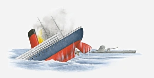 Merchant ship sinking after being torpedoed by German submarine during World War One Merchant ship sinking after being torpedoed by German submarine during World War One