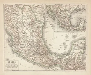 Mexico, ancient map, lithograph, published in 1877 Mexico, ancient map, lithograph, published in 1877