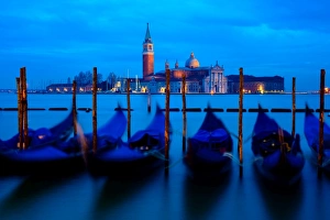Moored Gondolas and the Island of Saint Giorgio Maggiore at Night Moored Gondolas and the Island of Saint Giorgio Maggiore at Night