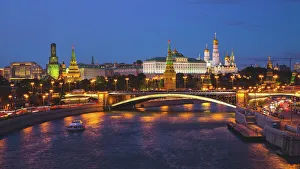 Moscow Kremlin and Moskva River Illuminated at Dusk, Russia Moscow Kremlin and Moskva River Illuminated at Dusk, Russia