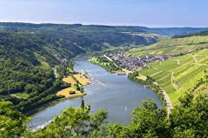 Moselle River with the village of Enkirch surrounded by vineyards, Bernkastel-Wittlich Moselle River with the village of Enkirch surrounded by vineyards, Bernkastel-Wittlich
