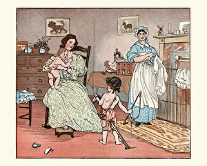 Mother, nanny dressing baby in the nursery, boy playing with Hobby horse, Victorian Mother, nanny dressing baby in the nursery, boy playing with Hobby horse, Victorian