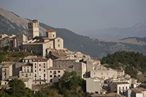 Mountain village of Castel del Monte with scaffolded tower after earthquake in 2009, LAquila, Italy, Europe Mountain village of Castel del Monte with scaffolded tower after earthquake in 2009, LAquila, Italy, Europe