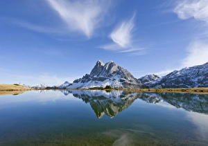 Mt Peitlerkofel or Sas de Puetia, 2875m, is reflected in a lake near Enzian Hut, Plose Mt Peitlerkofel or Sas de Puetia, 2875m, is reflected in a lake near Enzian Hut, Plose