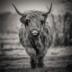 Highland Cow Prints: Black and White Highland Cattle Print on Grass