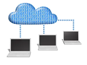 Three notebooks connected to a cloud which is filled with binary code, conceptual image for cloud computing, networking Three notebooks connected to a cloud which is filled with binary code, conceptual image for cloud computing, networking