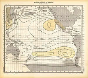 November Air Pressure Chart, Pacific Ocean, German Antique Victorian Engraving, 1896 November Air Pressure Chart, Pacific Ocean, German Antique Victorian Engraving, 1896