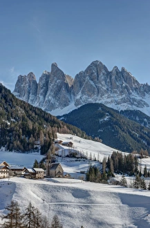 Odle mountains and the town of Santa Maddalena in Val di Funes, Dolomites, South Tyrol Odle mountains and the town of Santa Maddalena in Val di Funes, Dolomites, South Tyrol