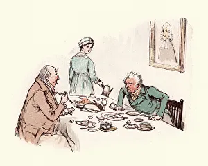Two old victorian men arguing over the dinner table Two old victorian men arguing over the dinner table