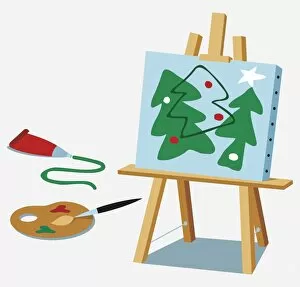 Images Dated 28th November 2006: Painting of Christmas trees on an easel, palette, brush, tube of green paint in front