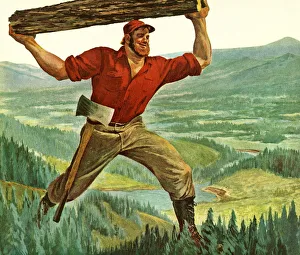 A painting if Paul Bunyan carrying a log above his head A painting if Paul Bunyan carrying a log above his head