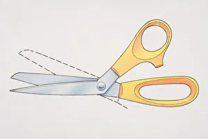 Pair of scissors with yellow handles laid over drawn dotted outline of blade Pair of scissors with yellow handles laid over drawn dotted outline of blade