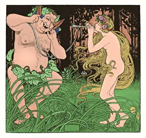 Pan playing flute with Dionysus in nature drawing art nouveau 1897 Pan playing flute with Dionysus in nature drawing art nouveau 1897