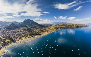Panoramic aerial view of Titicaca lake and Copacabana city. Bolivia Panoramic aerial view of Titicaca lake and Copacabana city. Bolivia