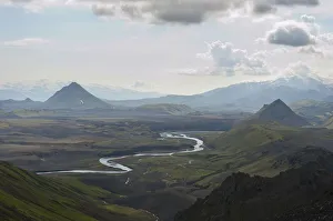 Panoramic mountain landscape near Alftavatn lake with a wild river, view from Bratthals Mountain Panoramic mountain landscape near Alftavatn lake with a wild river, view from Bratthals Mountain