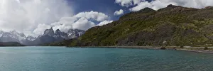 Panoramic view of Lago Nordenskjold, Lake Nordenskjold, in front of the mountains Cuernos del Paine in the Torres del Panoramic view of Lago Nordenskjold, Lake Nordenskjold, in front of the mountains Cuernos del Paine in the Torres del