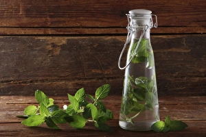 Pepperming leaves (Mentha piperita), preparation for making medicine or liquor, on a rustic wooden underground Pepperming leaves (Mentha piperita), preparation for making medicine or liquor, on a rustic wooden underground