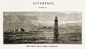 Perch Rock Light and Lighthouse Liverpool, England Victorian Engraving, 1840 Perch Rock Light and Lighthouse Liverpool, England Victorian Engraving, 1840