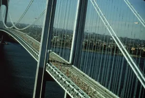 Prints of High angle view of runners in the New York City Marathon crossing the Verrazano-Narrows Bridge, circa 1978. Photo by Frederic Lewis/Getty Images) United States Of America Prints: NYC Marathon Runners Print on Verrazano-Narrows Bridge