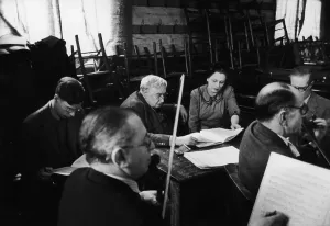 Prints of Left to right: James Gibson, English composer, Ralph Vaughan-Williams (1872 - 1958) Opera Prints: Rehearsing Pilgrim's Progress Print, 28th April 1951