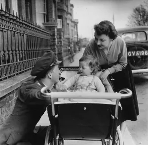 Hello Dad 1954 Print - American serviceman with child in pram