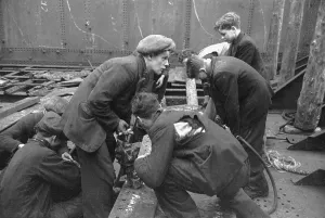 Shipyard riveters at work on a tanker in Glasgow, Print