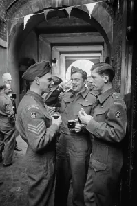 Prints of Canadian armed forces celebrating VE Day in London at the end of World War II, 8th May 1945. Original Publication: Picture Post - 1991 - This Was VE Day in London - pub Event Prints: VE Day in London Print, 8th May 1945