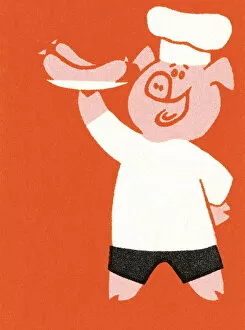 Images Dated 27th August 2003: Pig chef serving sausages