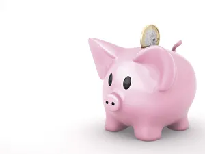 Piggy bank with a 1 euro coin, 3D illustration Piggy bank with a 1 euro coin, 3D illustration