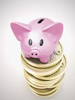 Piggy bank on a pile of euro coins, 3D illustration Piggy bank on a pile of euro coins, 3D illustration