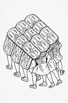 Platoon of Soldiers formed into a testudo (tortoise), used as protection, head Platoon of Soldiers formed into a testudo (tortoise), used as protection, head