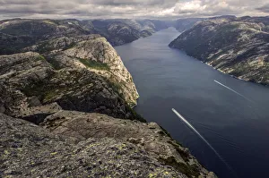 Preikestolen, Pulpit Rock at Lysefjord, Rogaland province, Vestland or Western Norway Preikestolen, Pulpit Rock at Lysefjord, Rogaland province, Vestland or Western Norway