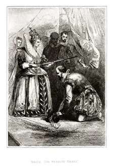 Queen Elizabeth I knighting Sir Francis Drake (1859 engraving) Queen Elizabeth I knighting Sir Francis Drake (1859 engraving)