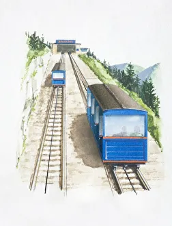 Two railway cars being pulled up a steep slope Two railway cars being pulled up a steep slope