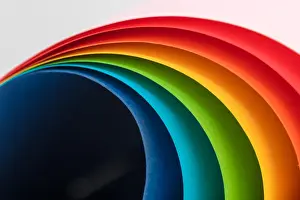 Images Dated 6th March 2018: Rainbow Curves Art Print - Coloured Card Arrangement