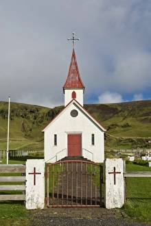 Reyniskirkja, church on Reynisfjara Beach near Vik i Myrdal, South Coast, Iceland Reyniskirkja, church on Reynisfjara Beach near Vik i Myrdal, South Coast, Iceland